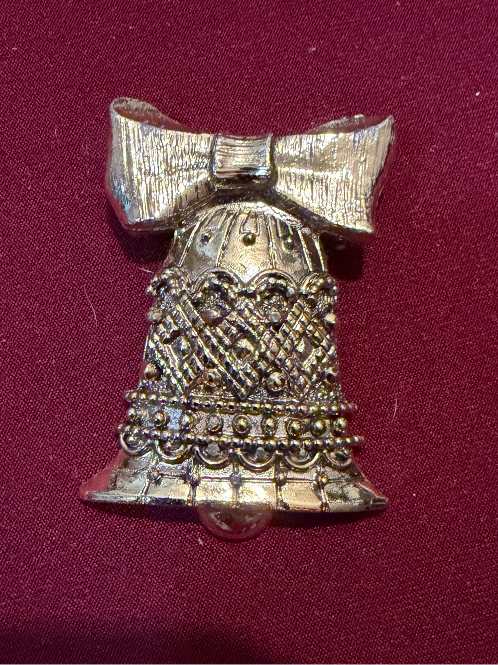 Vintage Gold Tone Christmas Bell Brooch Bow Holiday Pin